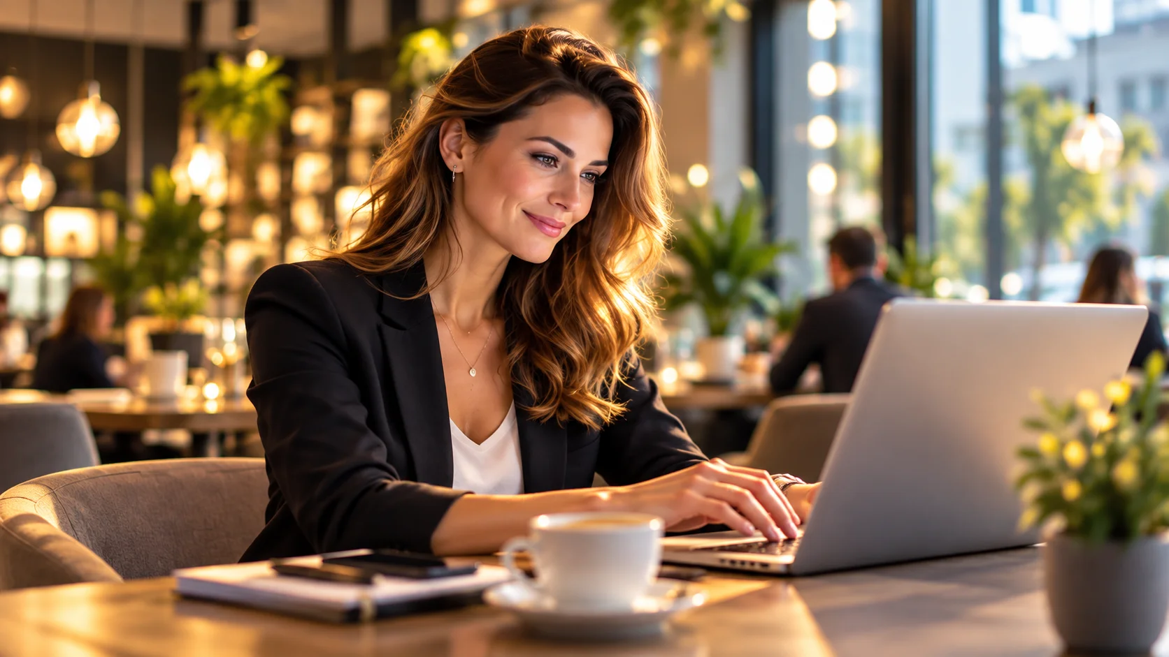Selbstständige arbeitet mit Laptop in einem Café